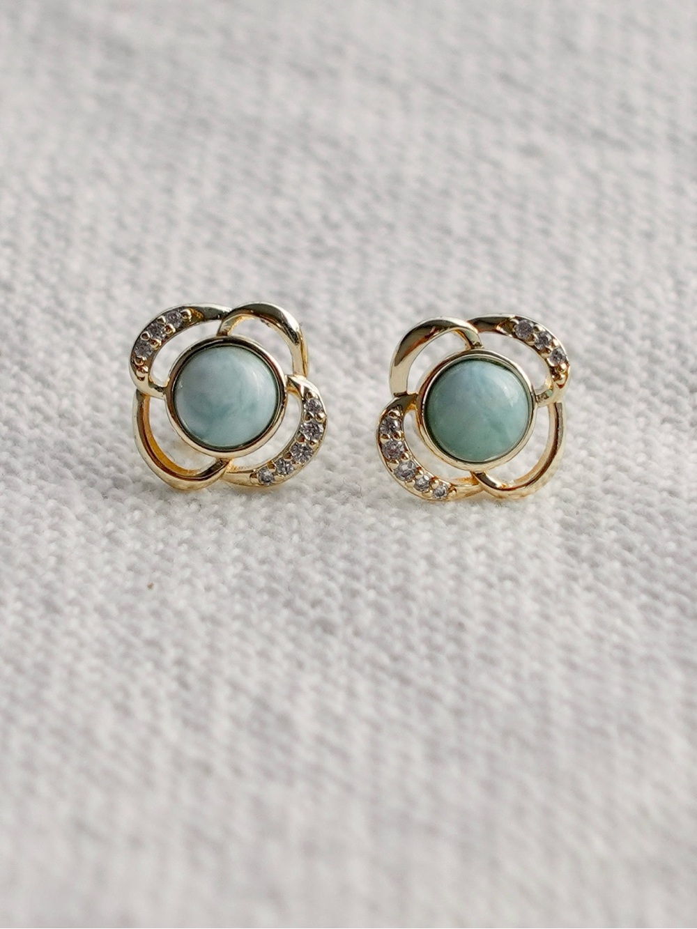 NEW! Gold Plated Stud Earrings with Larimar Stone